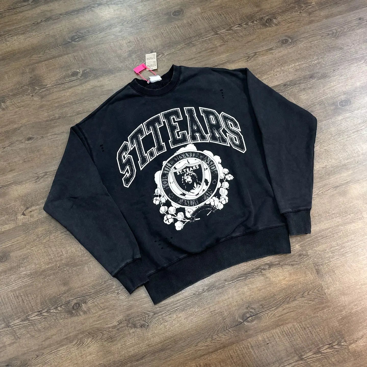Black Varsity Crest Distressed Sweatshirt