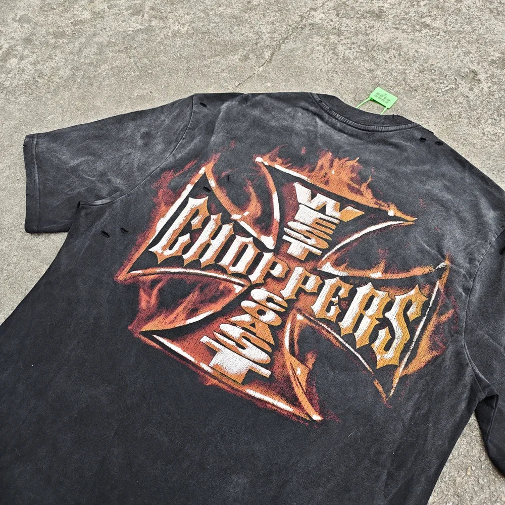 Flame Cross Logo Distressed T-Shirt