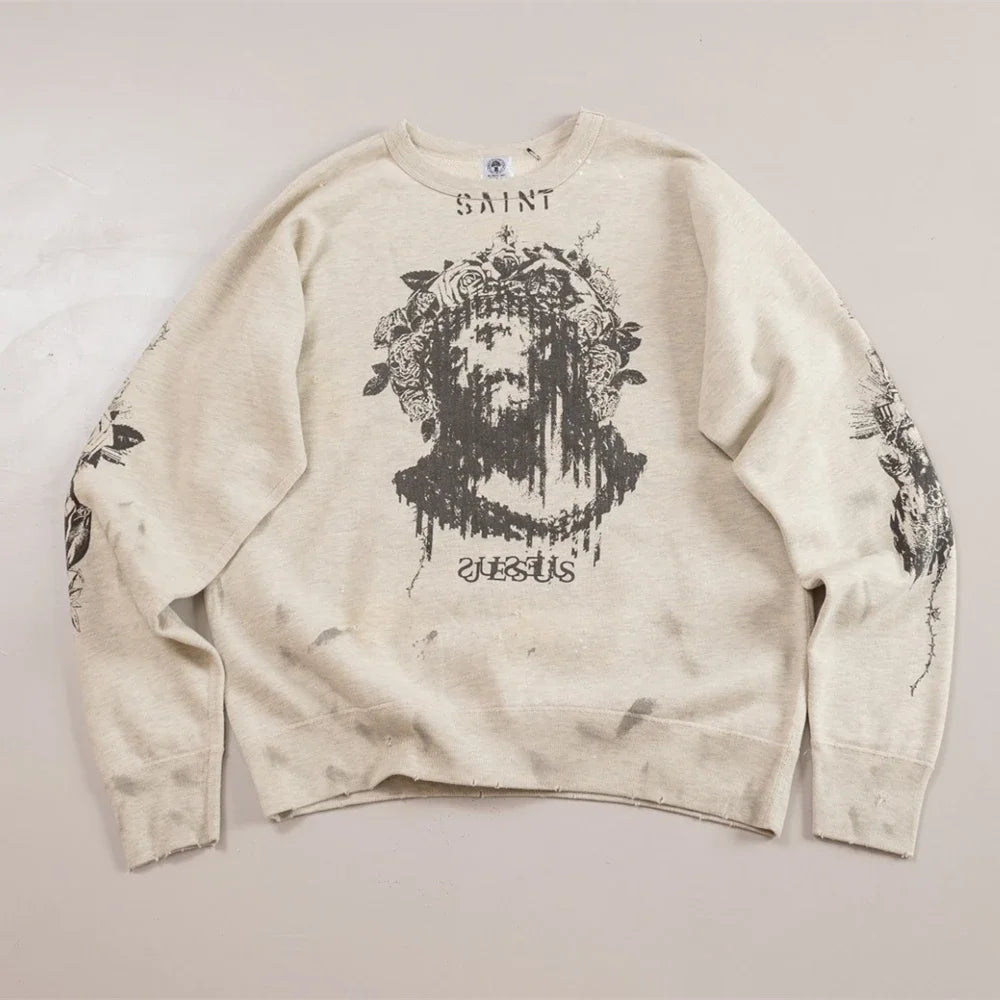 Cream Distressed Jesus Crown Graphic Sweatshirt