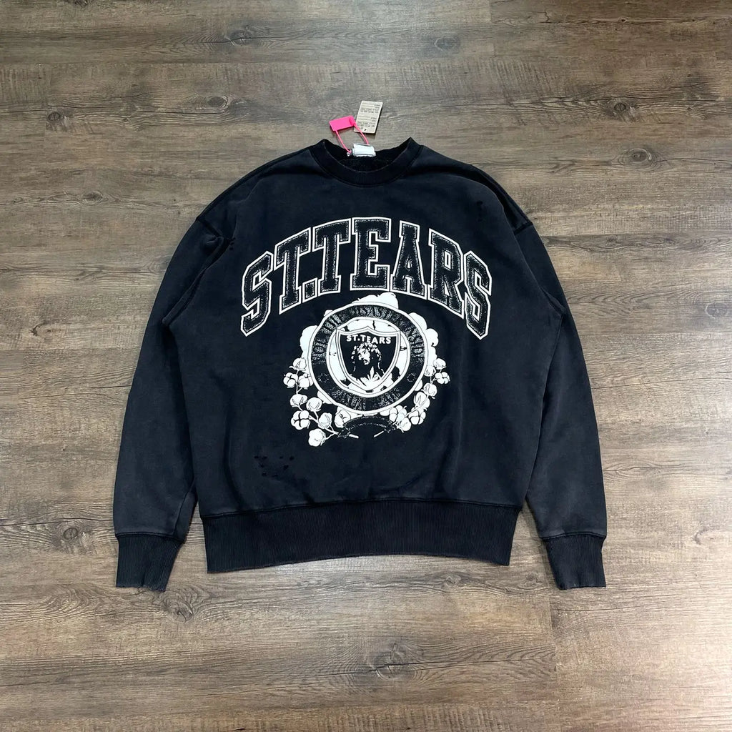 Black Varsity Crest Distressed Sweatshirt