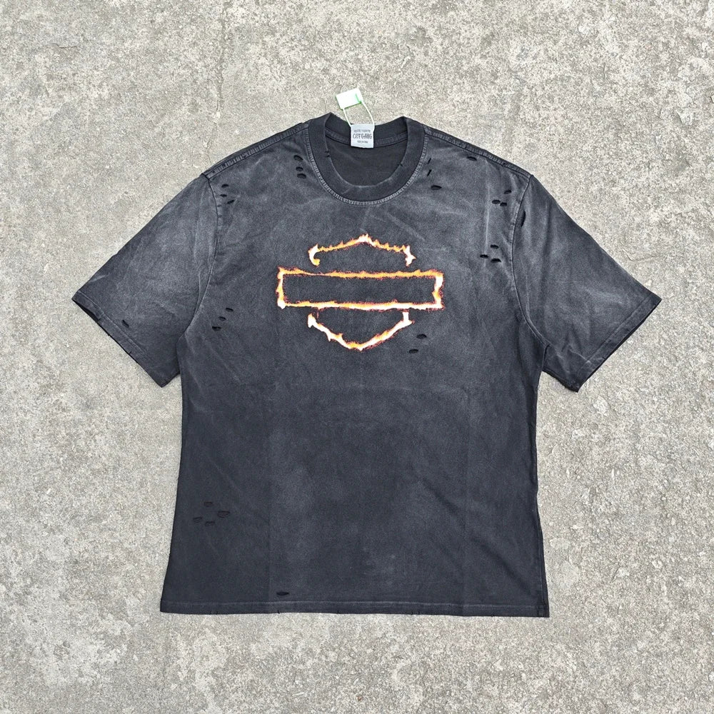Flame Cross Logo Distressed T-Shirt
