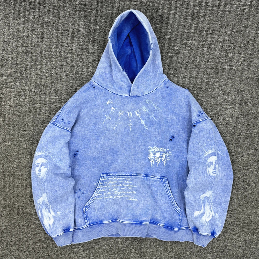 Blue Washed Statue Graphic Oversized Hoodie