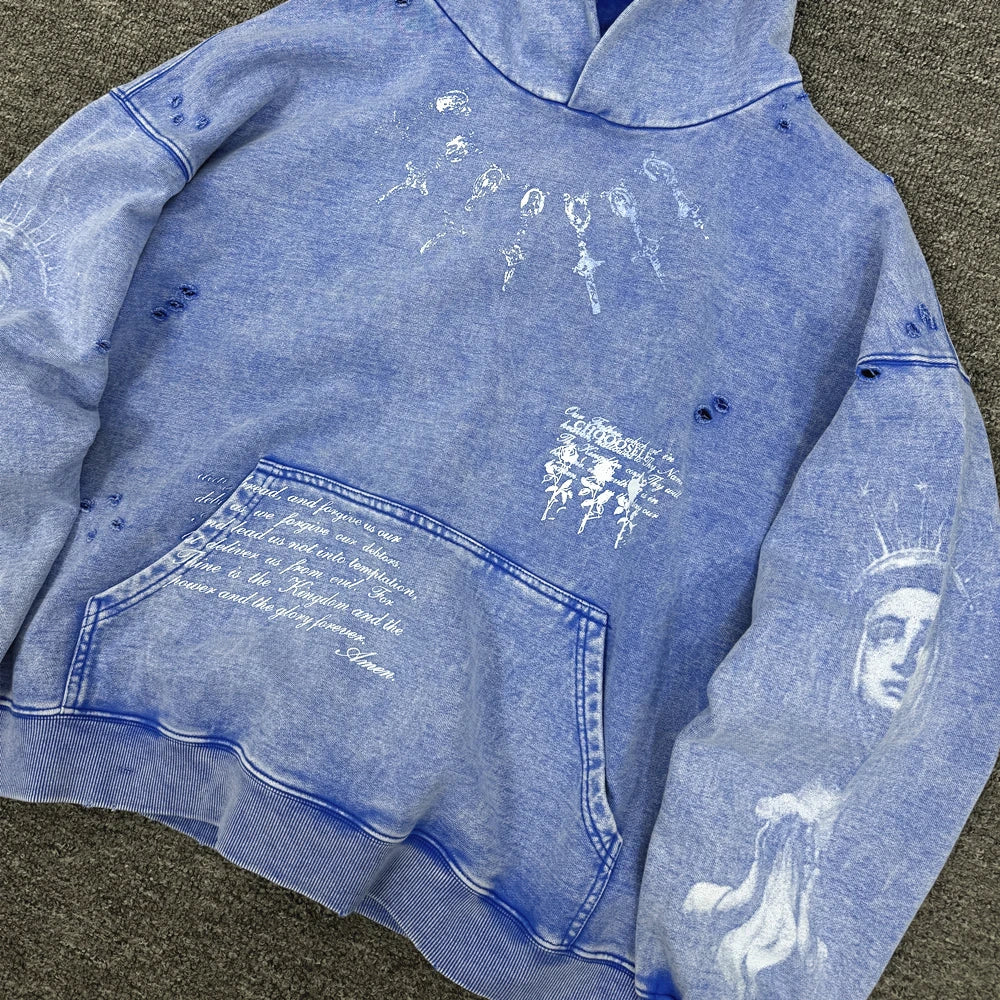 Blue Washed Statue Graphic Oversized Hoodie