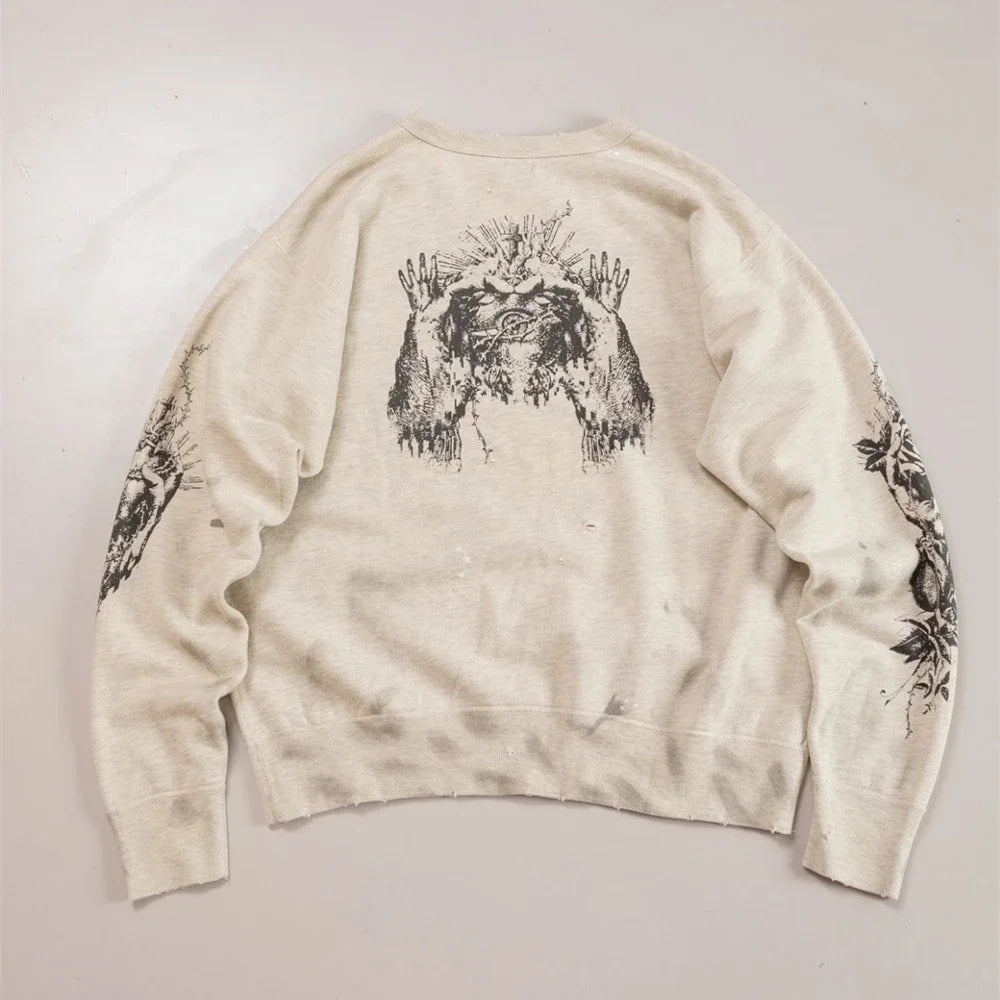 Cream Distressed Jesus Crown Graphic Sweatshirt