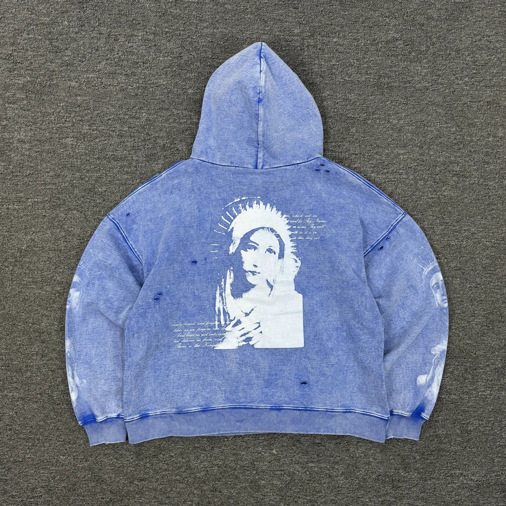 Blue Washed Statue Graphic Oversized Hoodie