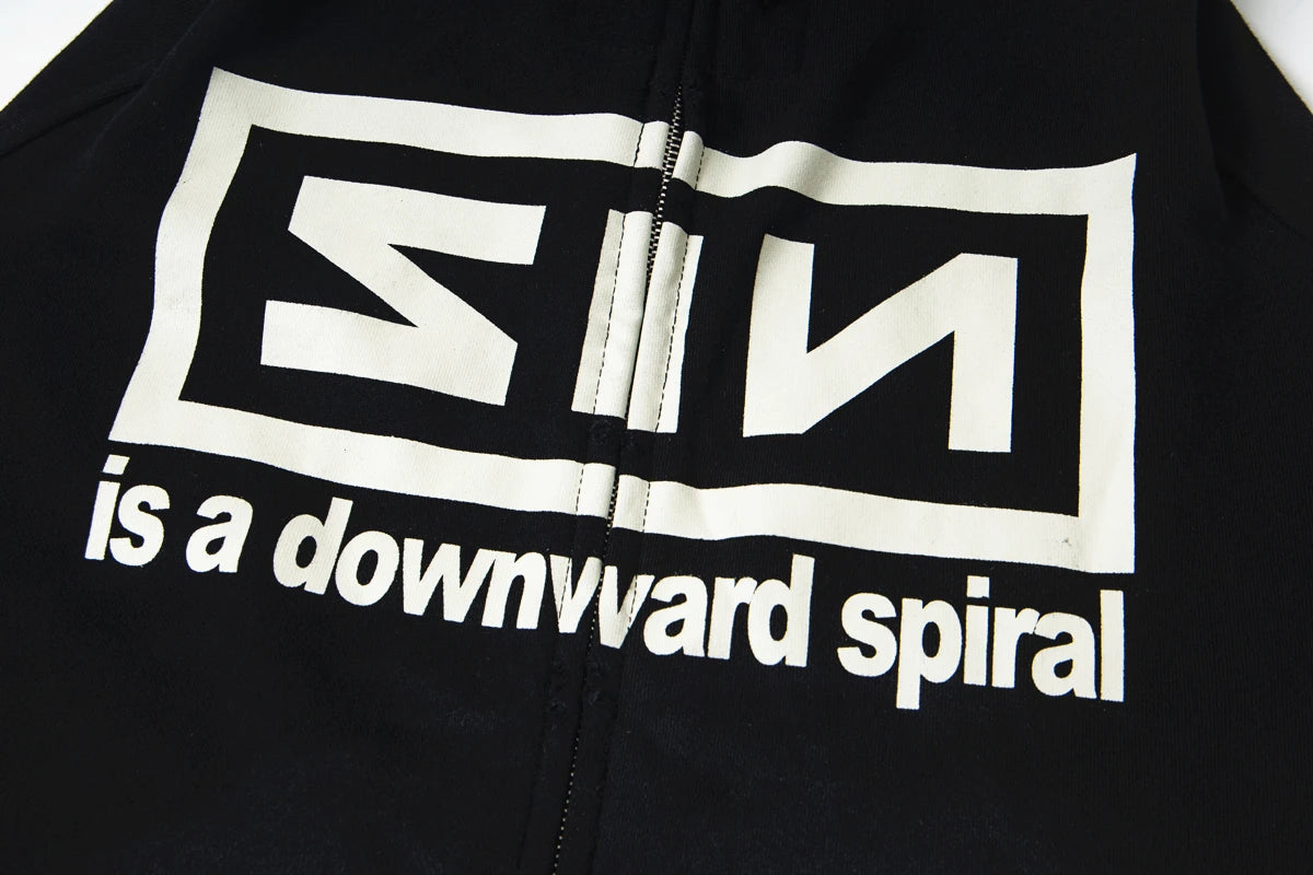 Black Downward Spiral Graphic Zip Hoodie